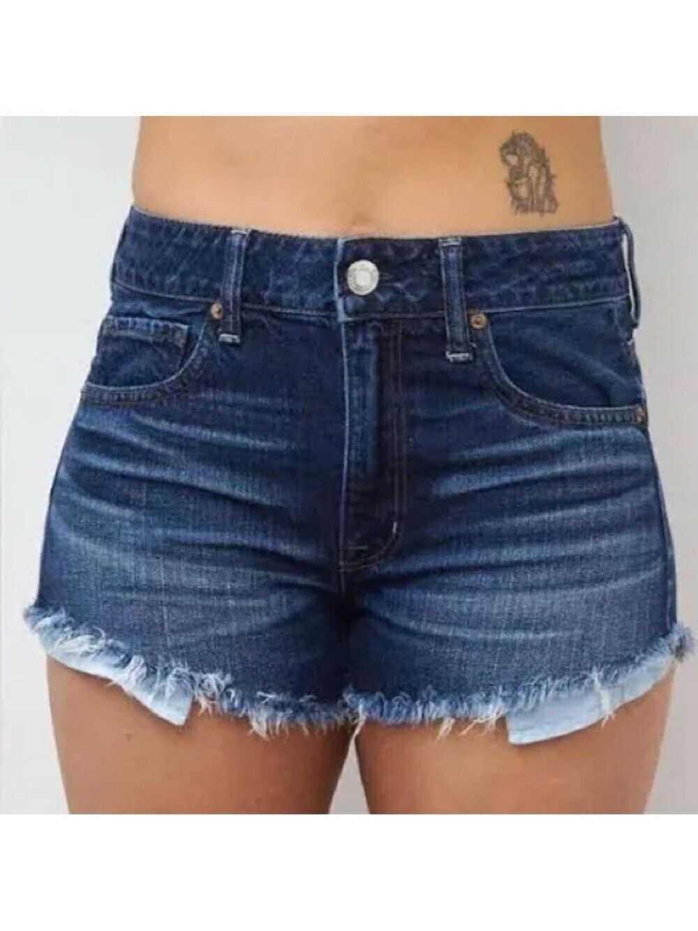 American Eagle Dark High-rise Festival Indigo Frayed Hem Denim Shorts Sz 2